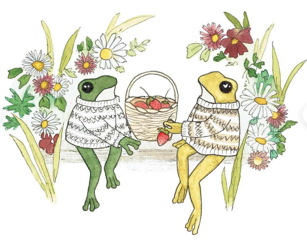 Image of an illustration of Frog and Toad eating strawberries together. 