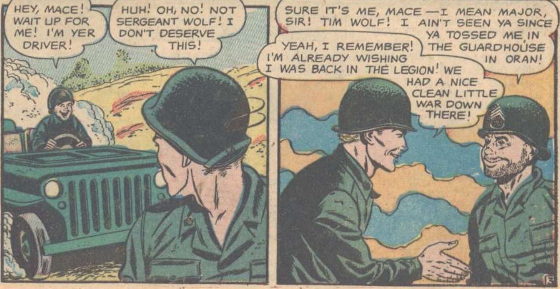 A major greets a sergeant, an old pal of his, by wishing he was back with the Legion and the "nice clean" war back in Vietnam.