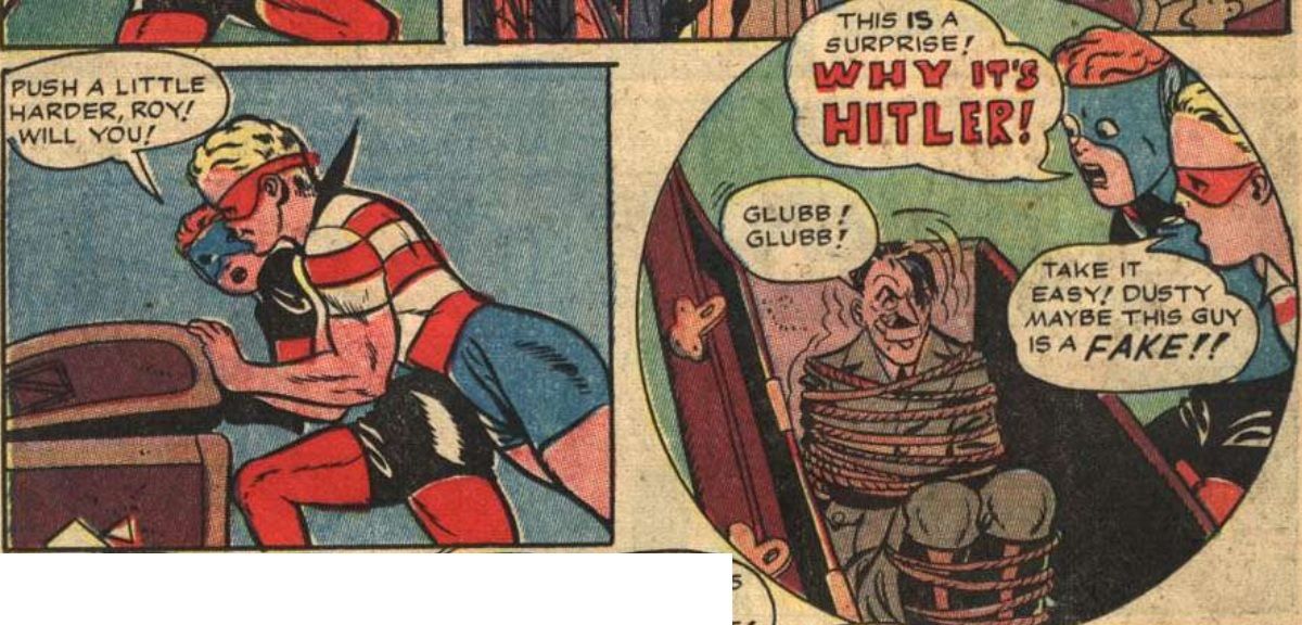 two panels in which Roy and Dusty open a trunk to find a trussed-up Hitler inside.