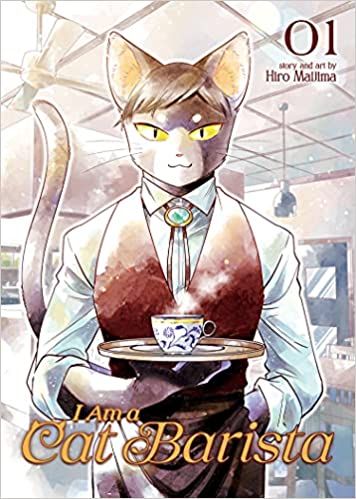 cover of I Am a Cat Barista by Hiro Maijima; illustration of a brown cat in a suit holding a tray with a tea cup on it