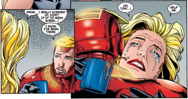In two panels, Warbird, in tears, hugs Iron Man and asks him to help her with her alcoholism.