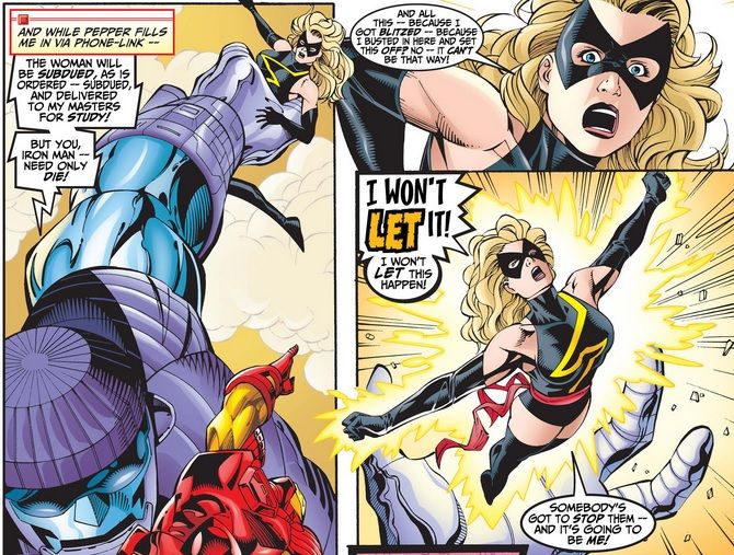 In three panels, Warbird, guilt-ridden over endangering the world with her drinking, breaks free of the Sentry holding her hostage.