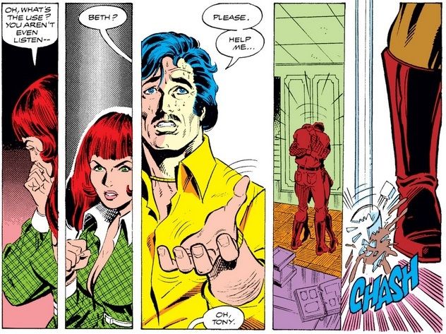 In a five panel comic, at long last, Tony asks his girlfriend Bethany to help him with his alcoholism. She hugs him, and his glass shatters on the floor.