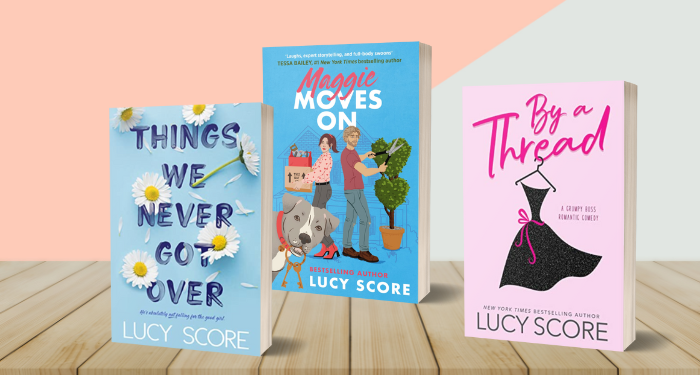 a graphic of Lucy Score books standing up on a table