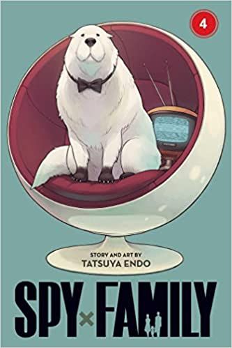 cover of Spy x Family by Tatsuya Endo; illustration of a giant white dog wearing a bow tie sitting in a 1970s egg chair