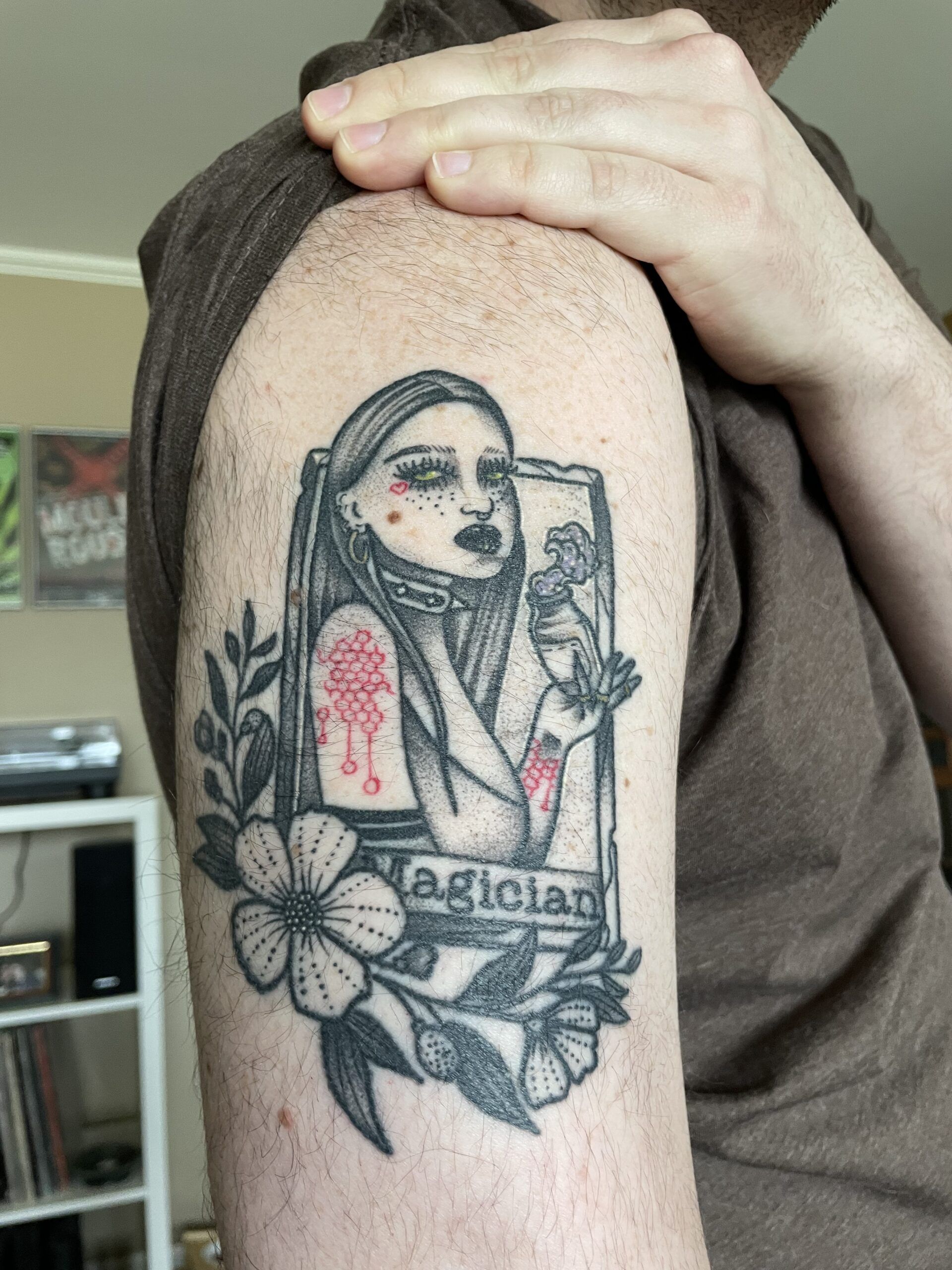 image of tattoo of The Magician tarot card in a cyberpunk style