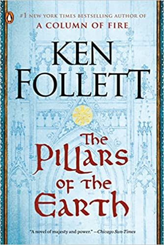 cover of The Pillars of the Earth by Ken Follett; light blue illustration of the front of a church