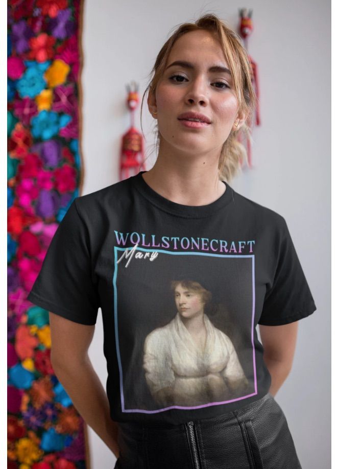Image of an 80s style shirt featuring Mary Wollstonecraft.