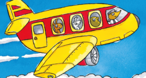 a cropped cover of Amazing Airplanes, showing a plane full of animal characters flying through the sky