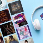 collage of 10+ audiobooks being offered free during AudioFile SYNC 2023 plus the AudioFile SYNC logo and a pair of white over-ear headphones in the background