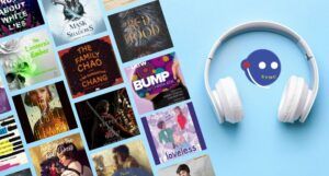 collage of 10+ audiobooks being offered free during AudioFile SYNC 2023 plus the AudioFile SYNC logo and a pair of white over-ear headphones in the background