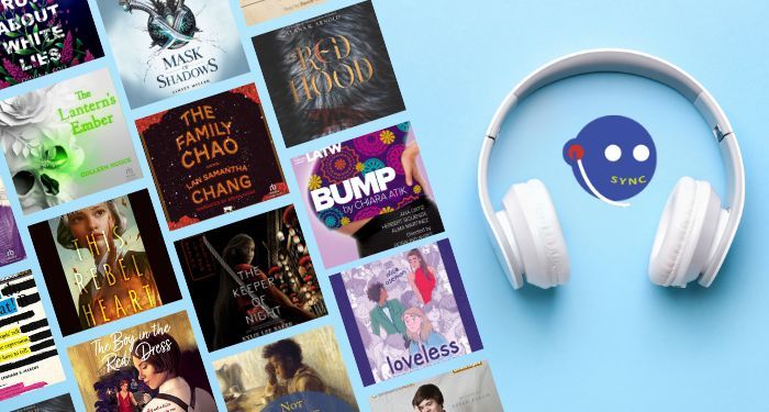 collage of 10+ audiobooks being offered free during AudioFile SYNC 2023 plus the AudioFile SYNC logo and a pair of white over-ear headphones in the background