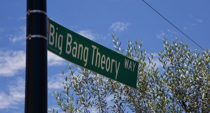 a street sign that says "big bang theory way" by trees