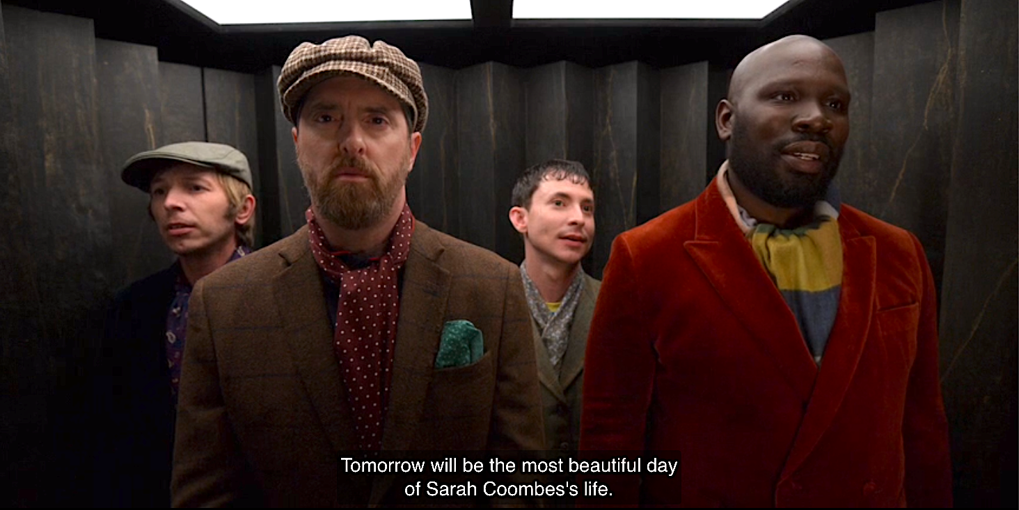 Beard and the bar boys in an elevator. The captions read, "Tomorrow will be the most beautiful day of Sarah Coombes's life."