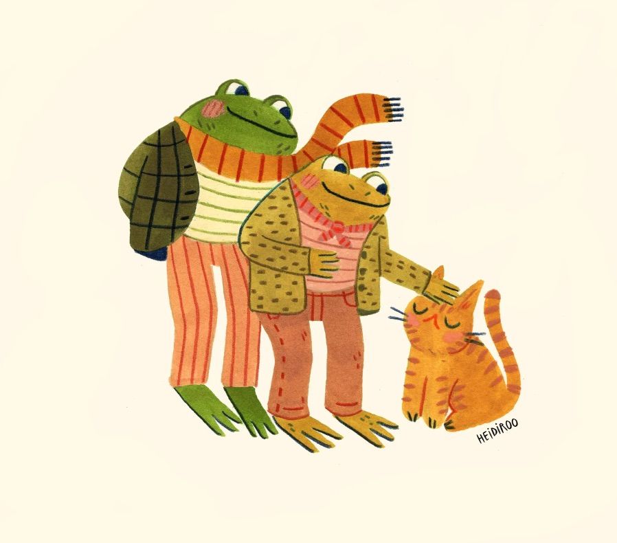 Image of Frog and Toad print. The characters are petting an orange tabby cat. 