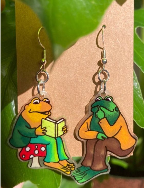 Image of Frog and Toad shrinky dink earrings.