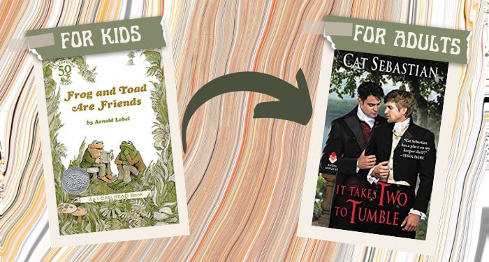 a graphic connecting the cover of Frog and Toad are Friends to It Takes Two to Tumble