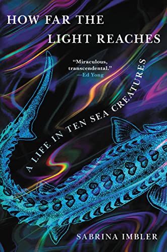 cover of How Far the Light Reaches: A Life in Ten Sea Creatures by Sabrina Imbler; image of a colorful blue and black fish tail swimming through dark water
