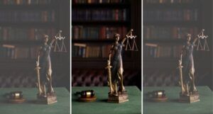 tryptic image of a bronze statuette of Justice, holding a sword and a set of scales, stands on a green desk next to a gavel. Behind the desk is a brown leather chair and a bookshelf.