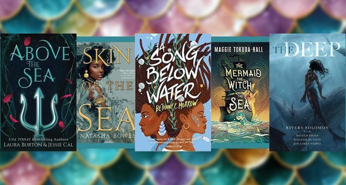 a banner of five fiction books about mermaids against a blurred background of colorful scales