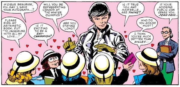 One panel from Alpha Flight #1. Jean-Paul stands in the center of a group of adoring little girls in school uniforms, smiling. Jeanne-Marie is in the background, also smiling. They are both wearing civilian clothes. There are more speech balloons than there are girls, to evoke excited chatter.

Girl #1: M'sieur Beaubier, oh, may I have your autograph...?
Girl #2: Will you be representing Canada at the Winter Olympics?
Girl #3: Please sign my arithmetic book. Put "To Jacqueline with all my love..."
Girl #1: Is it exciting to be a ski-champion?
Girl #4: Are you staying long?
Girl #4: Is it true you and Mam'selle are twins?
Girl #5: Who do you admire most? I think you're much better than Killey...
Jeanne-Marie: If your adoring public can spare you, Jean-Paul...