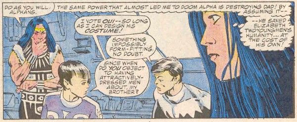 One panel from Alpha Flight #41. The team is in the meeting room of their headquarters.

Shaman: Do as you will, Alphans.
Elizabeth (thinking): The same power that almost led me to doom Alpha is destroying Dad! By assuming it - he saved Elizabeth Twoyoungmen's humanity...at the cost of his own!
Aurora: I vote oui - so long as I can design his costume!
Jean-Paul: Something impossibly form-fitting, no doubt.
Aurora: Since when do you object to having attractively dressed men about, my brother?