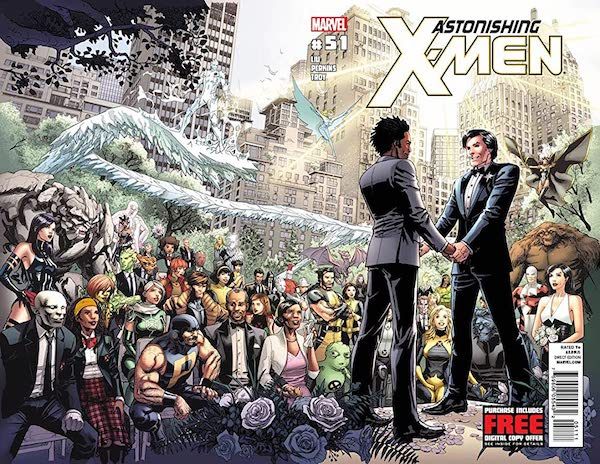 The cover of Astonishing X-Men #51. It's a double spread cover, meaning that when you lay the comic flat the back cover forms part of the image. Jean-Paul and Kyle are holding hands and wearing tuxedos, standing in front of a massive crowd of smiling Marvel characters.