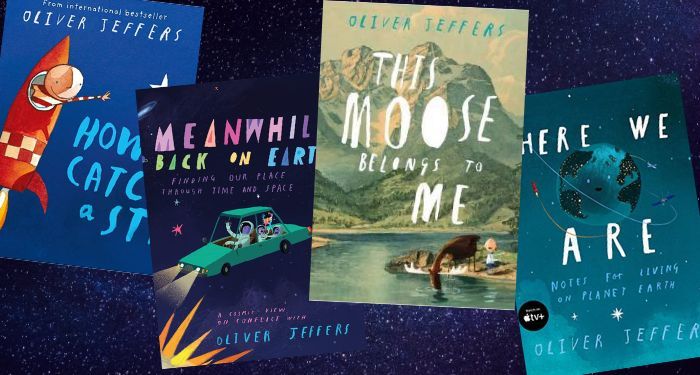 collage of four Oliver Jeffers picture books against a dark blue sky background