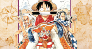 artwork from the One Piece Vol 2 cover with a treasure map in the background