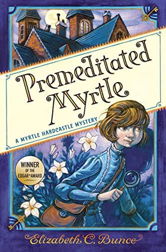 cover of Premeditated Myrtle; illustration of a young girl with brown hair in an old-fashioned blue dress and carrying a brown shoulder bag
