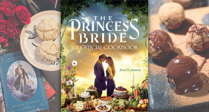 the cover of the Princess Bride Cookbook with dishes from the cookbook in the background