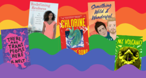a collage of the covers of the queer books listed against a wavy rainbow background