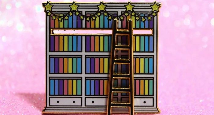 rainbow bookshelf enamel pin
