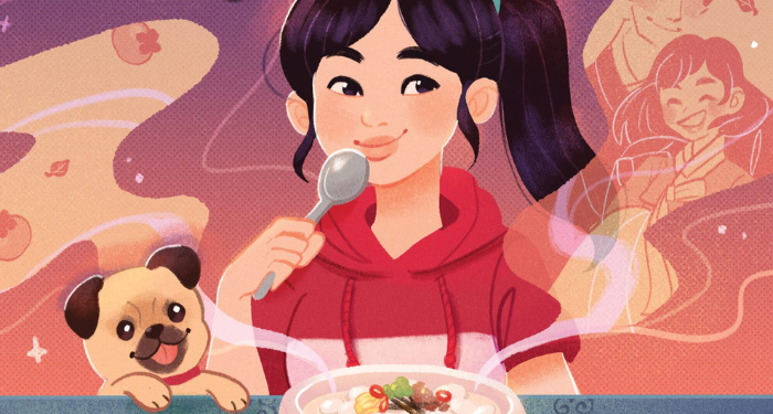 a cropped cover of A Spoonful of Time, showing an illustration of a Korean girl eating something with a spoon from a bowl. A pug is beside her and images of other people laughing can be seen in the steam.