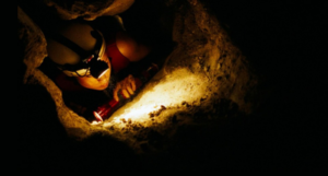 a still from The Descent showing a woman crawling through a very narrow tunnel