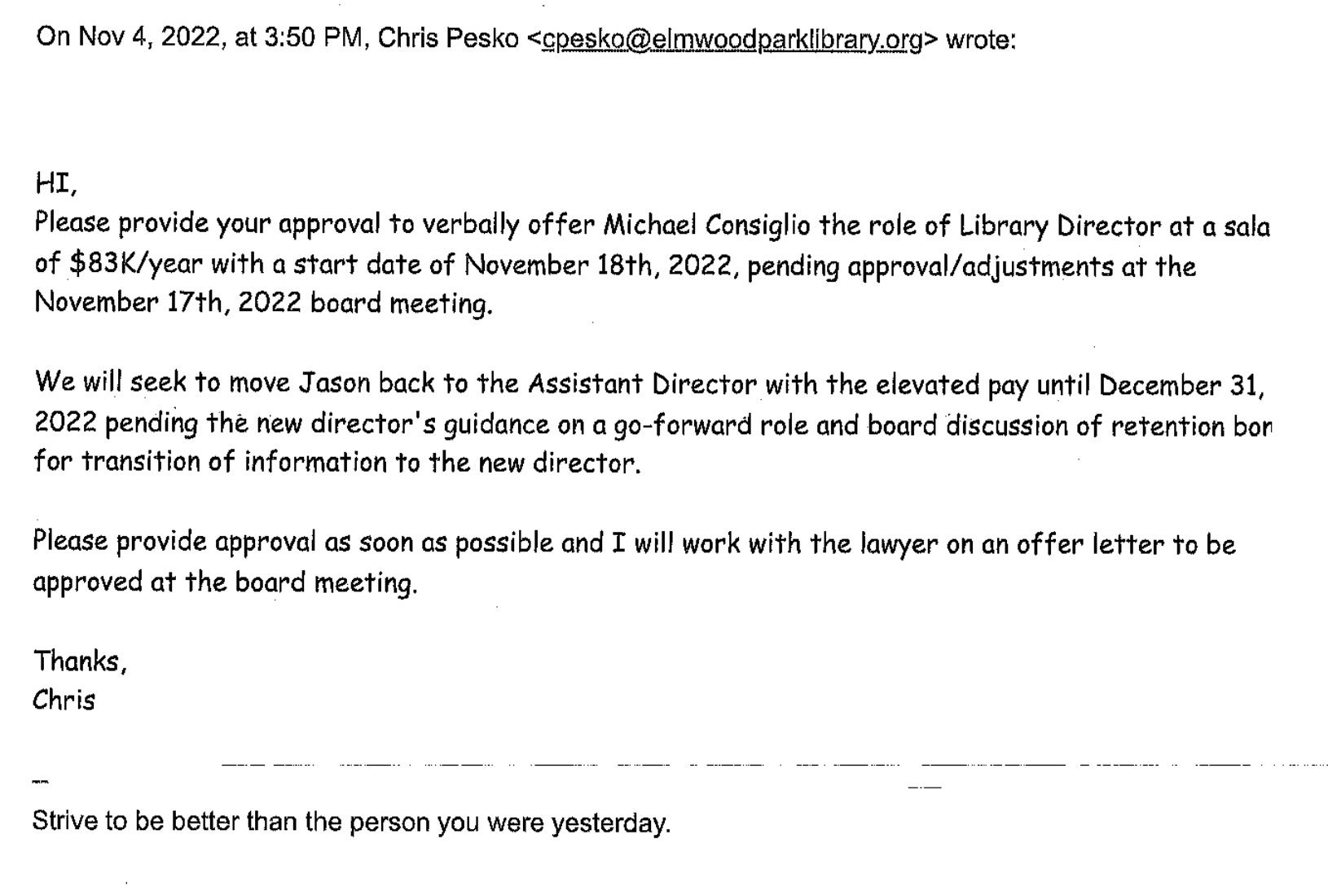 Image of Pesko email for approval of new director. 