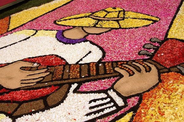 Image of a colourful art of a faceless person playing the guitar, created with sections of flower petals and gardening materials like soil. 