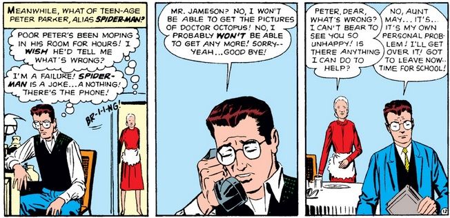 In three comic panels, Peter mopes about what a "failure" he is and refuses to share his problems with a worried Aunt May.
