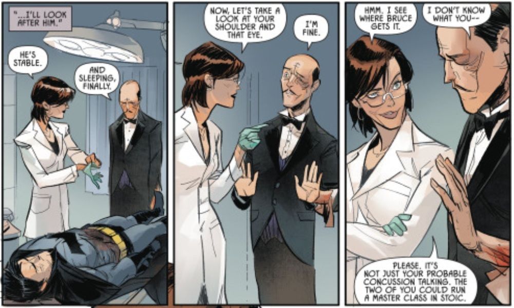 In three panels, Alfred resists Leslie's attempts to treat his wounds. She mocks him for being so similar to the stubborn Batman.