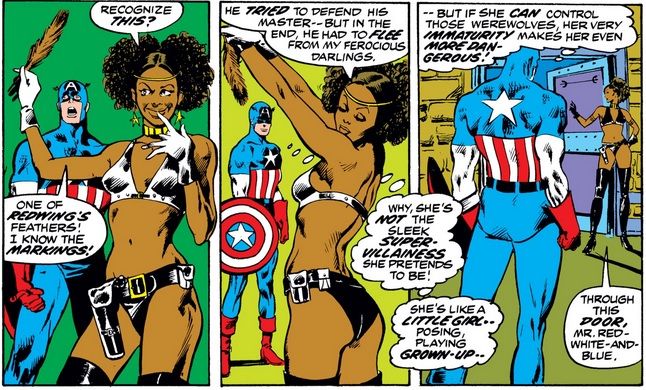 Nightshade taunts Captain America while giggling and posing. Cap thinks about how dangerous yet immature she is.