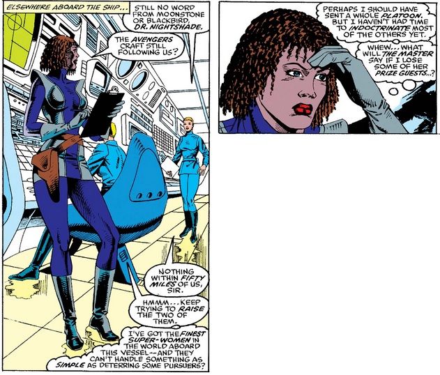 Nightshade ponders what has happened to the women she sent to capture Captain America--and what will happen to her if she fails her boss.