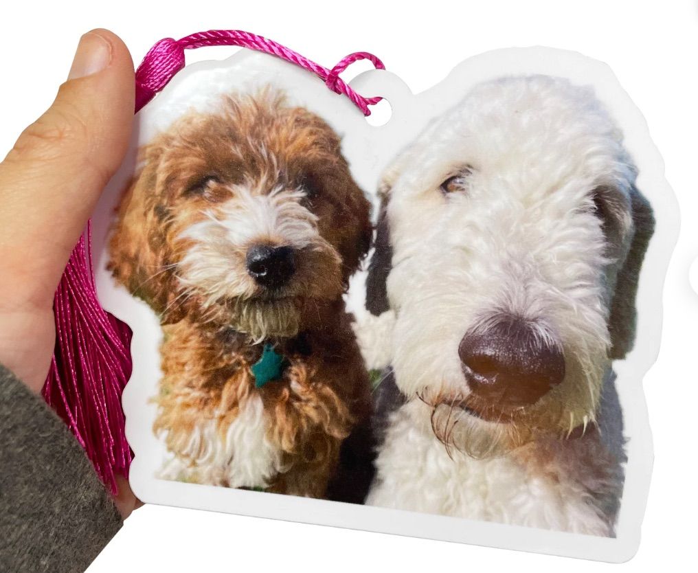 Image of a bookmark with a photo of two dogs. 
