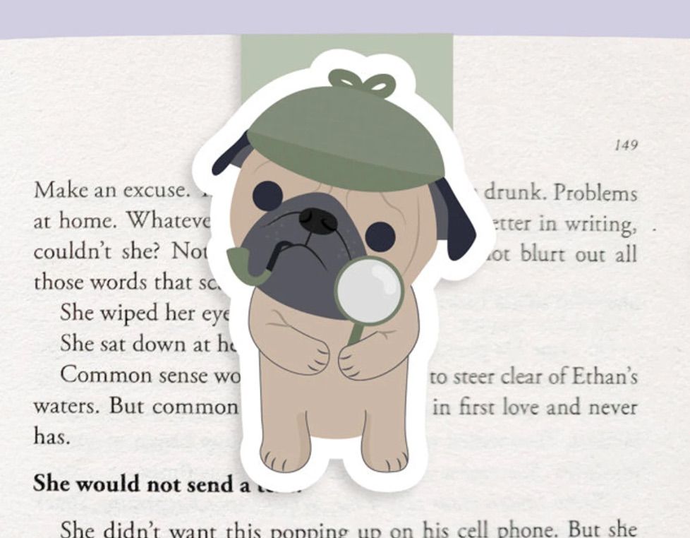 Image of a magnetic bookmark featuring a pug looking like a detective. 