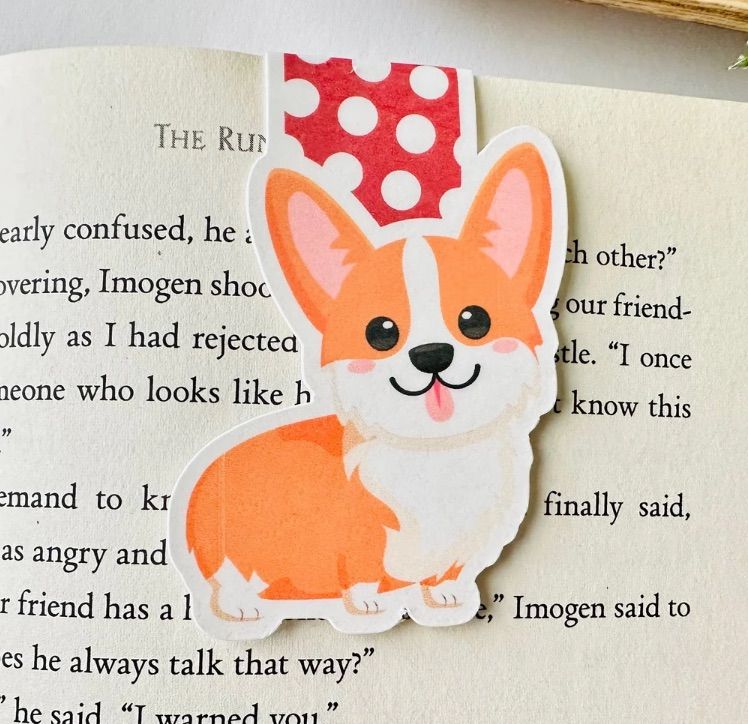 Image of a magnetic corgi bookmark. 