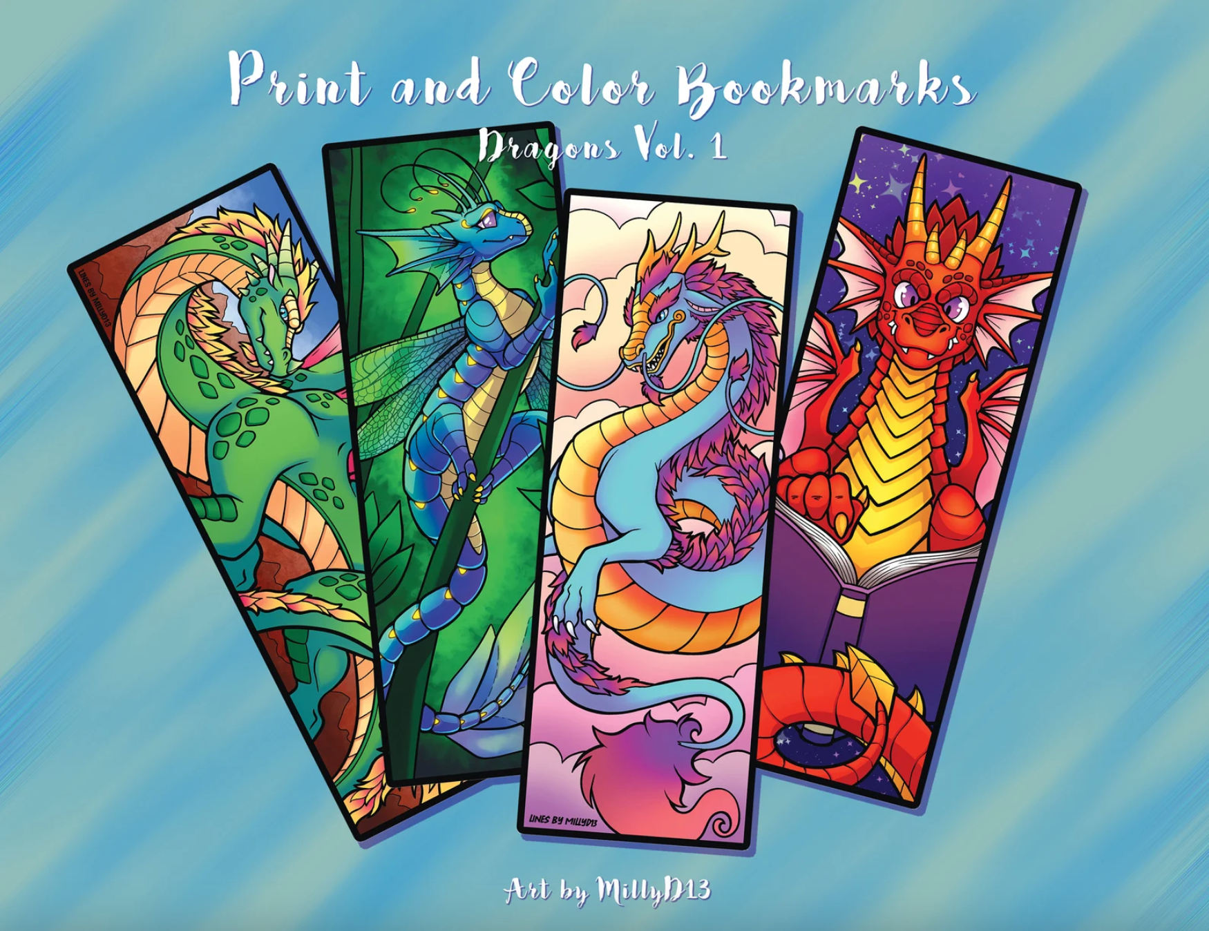 Four printable dragon bookmarks you can color in
