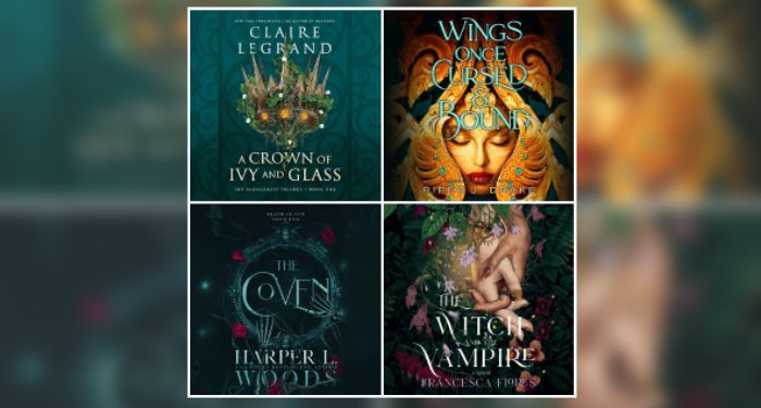 Audiobook covers of The Coven by Harper L. Woods, The Witch and the Vampire by Francesca Flores, Wings Once Cursed & Bound by Piper J. Drake, A Crown of Ivy and Glass by Claire Legrand