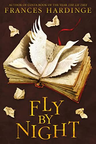 cover of Fly By Night by Frances Hardinge; illustration of a flying book with the outline of a goose cut out of the middle pages