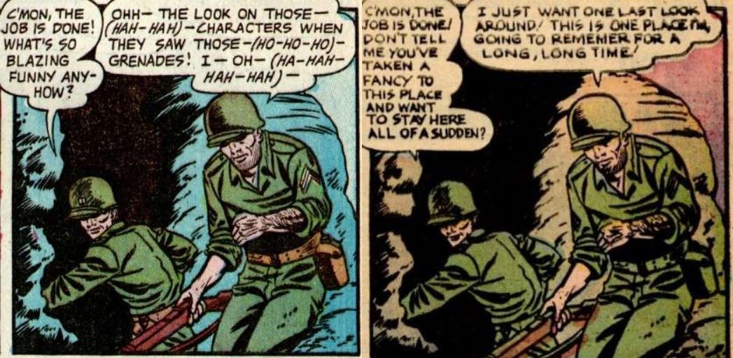In the right panel, a soldier laughs after killing several North Koreans. In the left panel, the art is the same, but he is simply taking in the scenery.