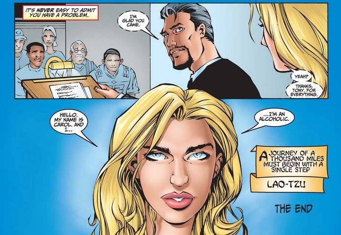 In three panels, Carol arrives at an AA meeting, thanks Tony "for everything," and introduces herself to the crowd as an alcoholic. Her face is unnaturally smooth.