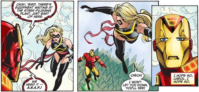 In three panels, Iron Man orders Warbird to retrieve some equipment. She eagerly agrees, and Iron Man hopes she won't let him down. Iron Man says, "I hope so, Carol, I hope so."